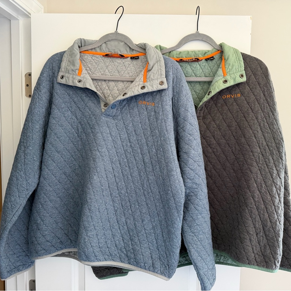 Orvis Green and Gray Quilted Pullover with Orange Accents